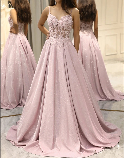 Luolandi A Line Blush Beaded Spaghetti Straps Prom Dress Floor Length Sparkly Evening Dress