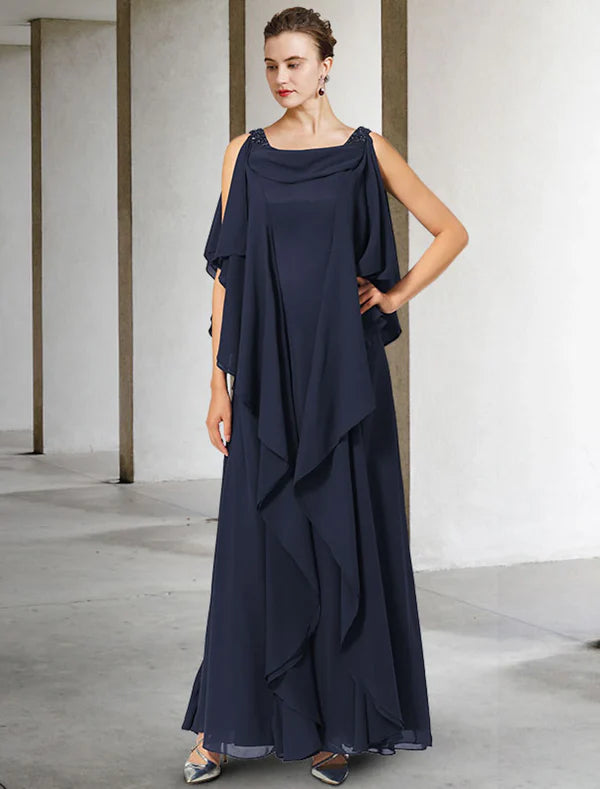 Luolandi A-Line Mother of the Bride Dress Plus Size Elegant V Neck Floor Length Chiffon Short Sleeve with Beading