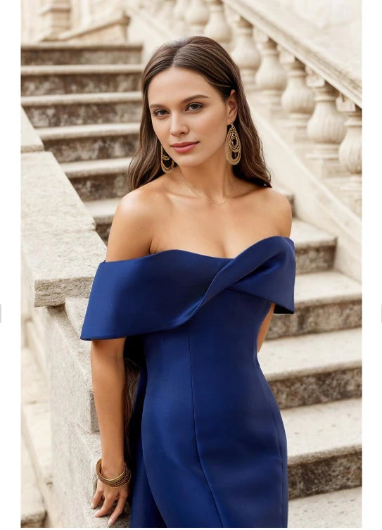 Luolandi A-Line Evening Gown Wedding Guest Floor Length Short Sleeve V Neck Pocket Satin with Criss Cross Sexy