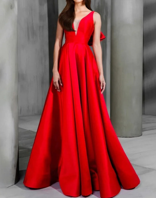 Luolandi A-Line Evening Gown Christmas Dress Sleeveless V Neck Satin with Bow(s) Sexy Evening Dress
