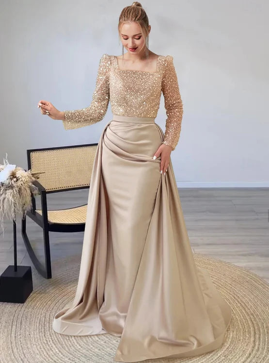 Luolandi Mermaid / Trumpet Evening Gown Formal Christmas Floor Length Long Sleeve Illusion Neck Champagne Mother Of the Bride Dress Sequined with Pearls