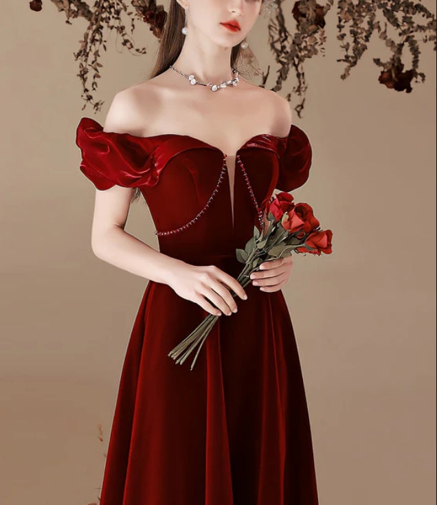 Luolandi Wine Red Velvet Beaded Off Shoulder Sweetheart Prom Dress Bridesmaid Dress Elegant Evening Dress