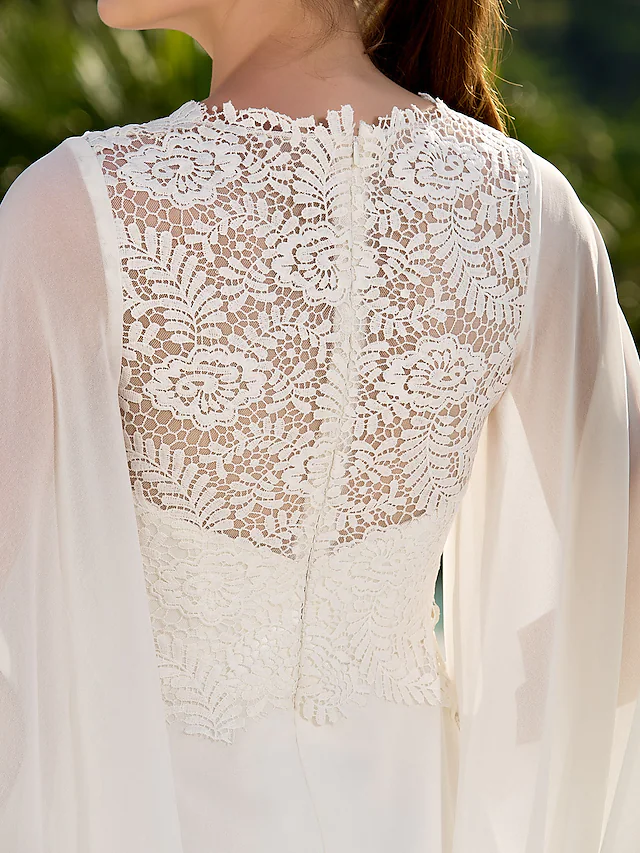 Luolandi Wedding Dresses V Neck Court Train Chiffon Long Sleeve with Beading Pure Color