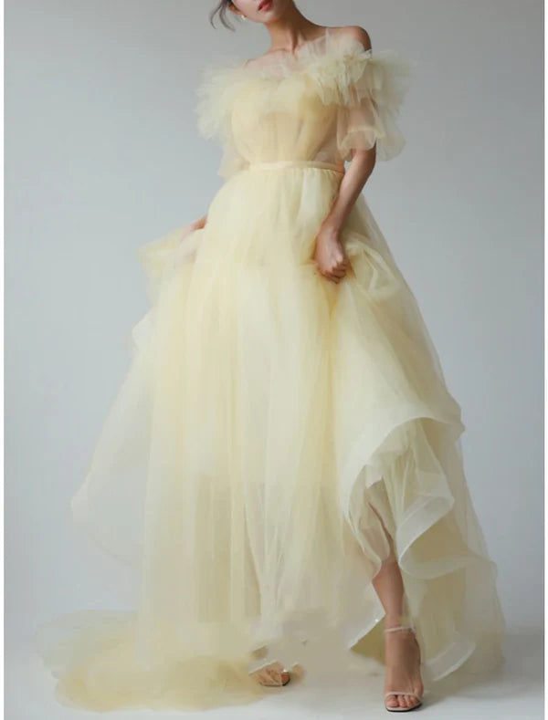 Luolandi A-Line Evening Gown Elegant Dress Formal Sweep / Brush Train Short Sleeve V Neck Chiffon with Pleats Ruffles Prom Dress