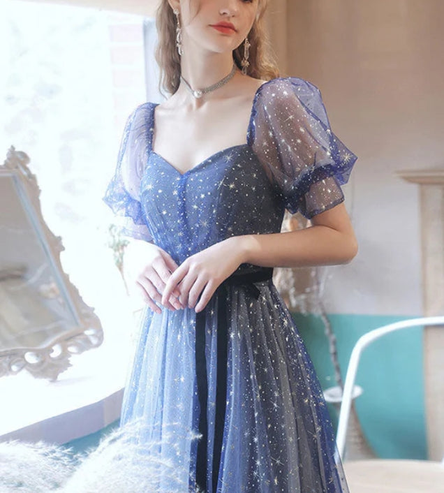Luolandi Dark Blue Sweetheart Short Sleeves Formal Dress A-line Prom Dress Elegant Evening Dress
