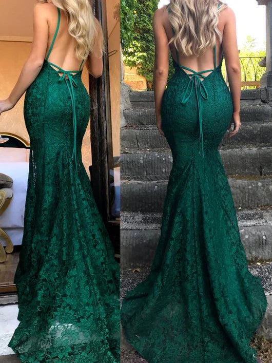 Luolandi Mermaid Green Lace Long Prom Dress Spaghetti Straps Backless Elegant Evening Party Dress