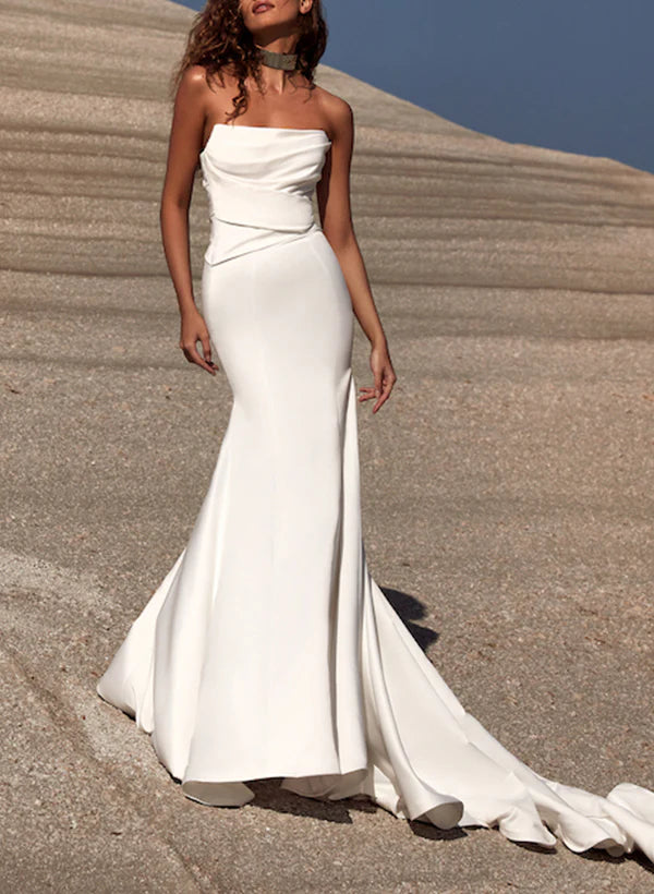 Luolandi Strapless Trumpet Mermaid Satin Wedding Dresses With Court Train Off Shoulder Simple Solid Color