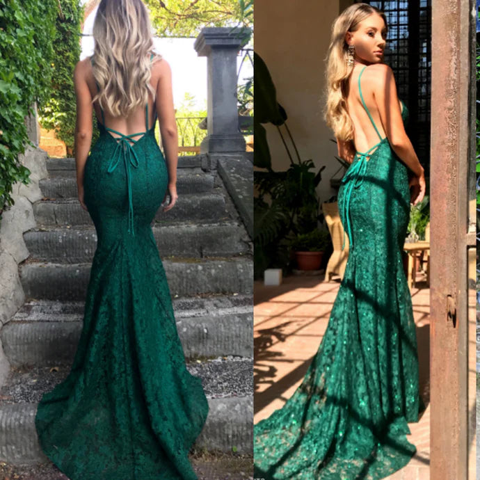 Luolandi Mermaid Green Lace Long Prom Dress Spaghetti Straps Backless Elegant Evening Party Dress