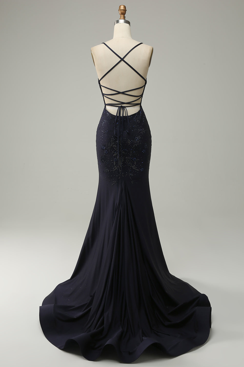 Luolandi Navy Spaghetti Straps Beaded Mermaid Prom Dress With Split Sparkly Evening Dress
