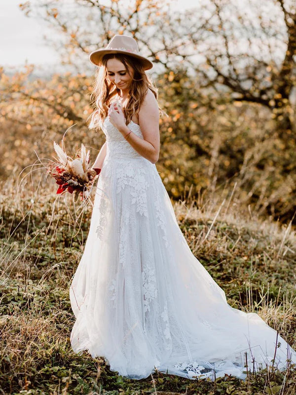 Luolandi Simple Tulle Off-The-Shoulder A-Line with Appliques Wedding Dresses Beautiful