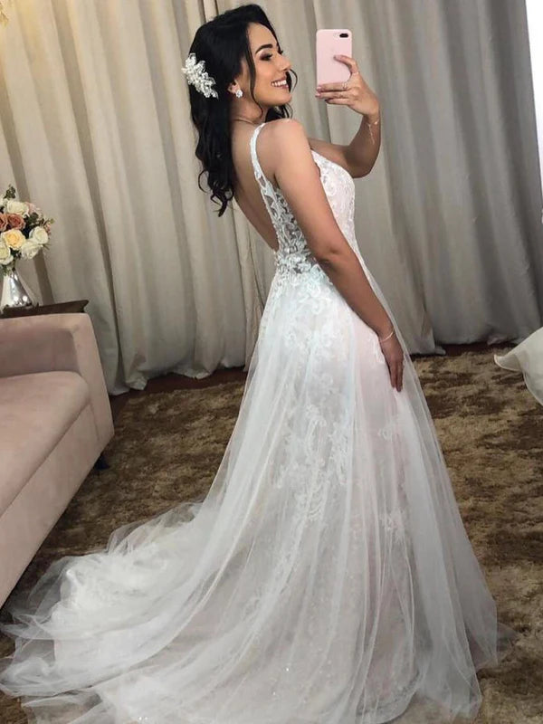 Luolandi Fabulous V-Neck Backless Appliques Tulle Mermaid Wedding Dresses Floor Length Beautiful
