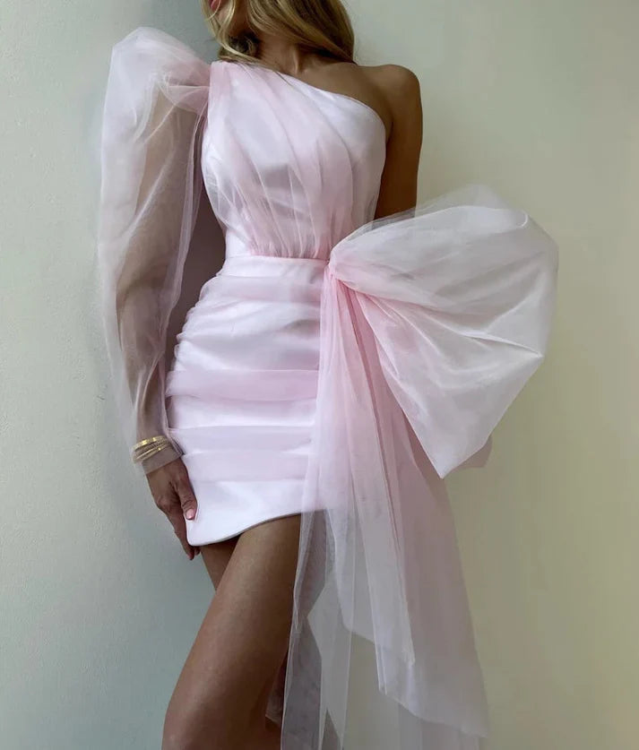 Luolandi Charming One Shoulder Satin Tulle Short Party Dress Homecoming Dress Lovely Graduation Dress