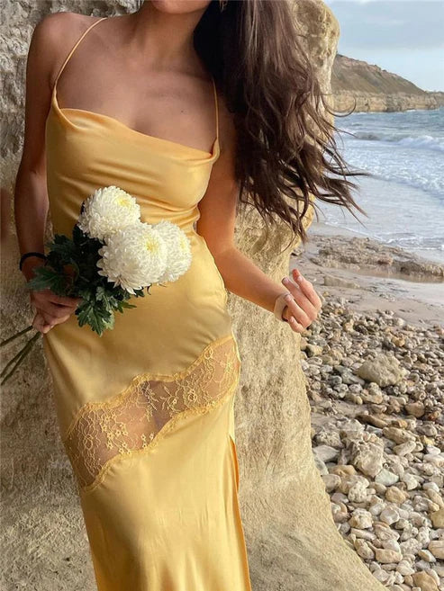 Luolandi Elegant Yellow Satin Lace Splicing Long Prom Dress Charming Evening Party Dress Formal Dress