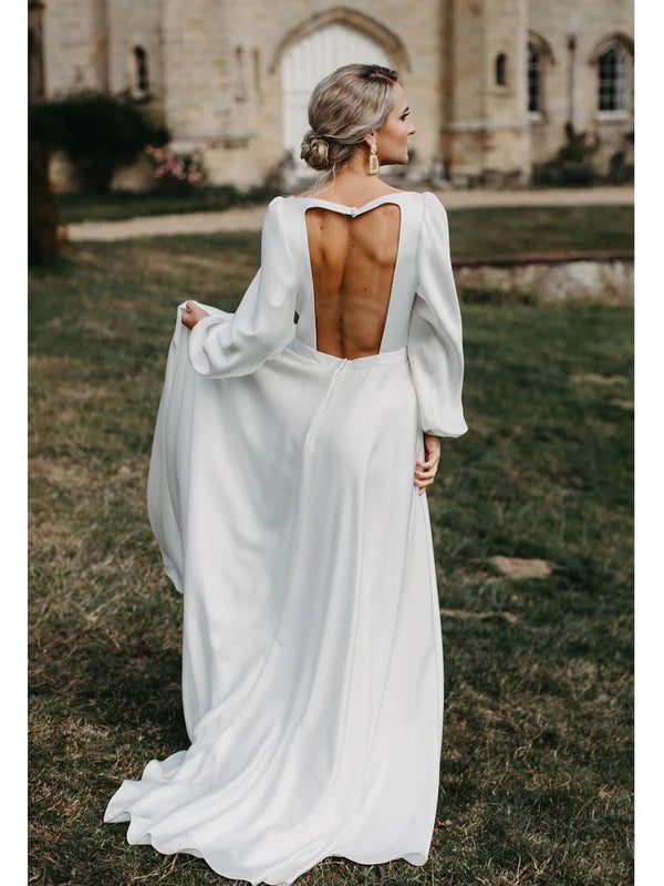 Luolandi Simple Slit V-Neck Backless Satin Chiffon Wedding Dresses A-line Long Sleeves Bridal Gown