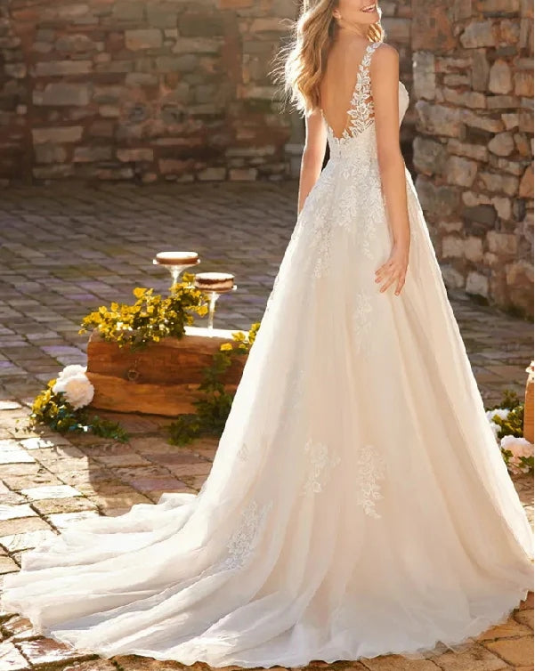 Luolandi Lace Ball-Gown Wedding Dresses Featuring Tulle V-neck Open Back Floor Length with Appliques