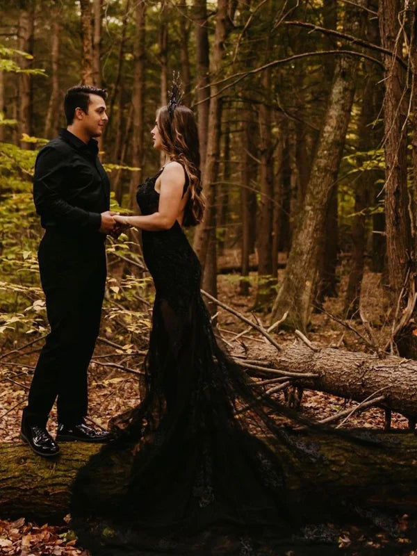 Luolandi Black Tulle V-Neck Illusion Backless Mermaid Lace Wedding Dresses Sexy