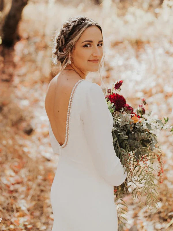 Luolandi Simple Long Sleeves A-line Wedding Dresses Satin Chapel Train Bridal Gowns Elegant