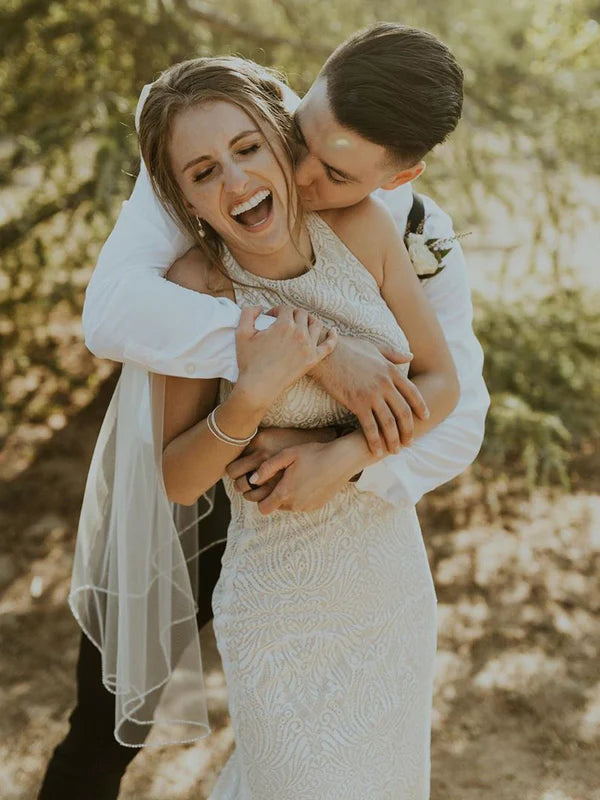 Luolandi Sexy Backless Halter Neckline Mermaid Panel Train Sheath Wedding Dresses Elegant