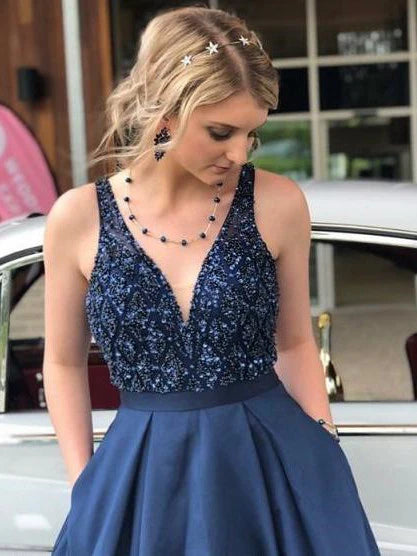 Luolandi Stunning V-neck Satin Prom Dresses A-line Beaded Gowns With Sweep Train Elegant Evening Dress