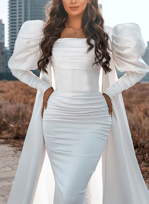 Luolandi Square Neckline Long Sleeves Sweep Train Wedding Dresses Floor Length Solid Color Elegant