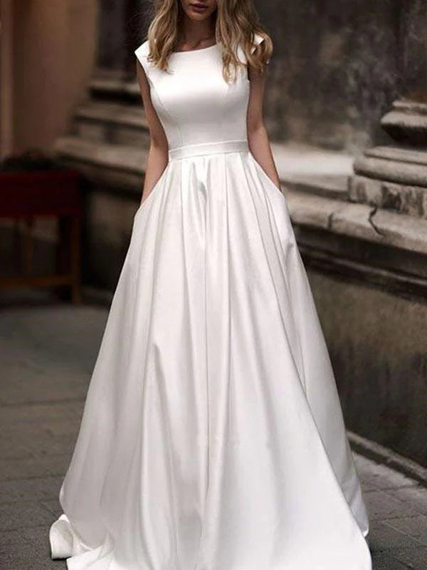 Luolandi Simple Satin Wedding Dresses A-line Bridal Gowns Floor Length Solid Color Elegant