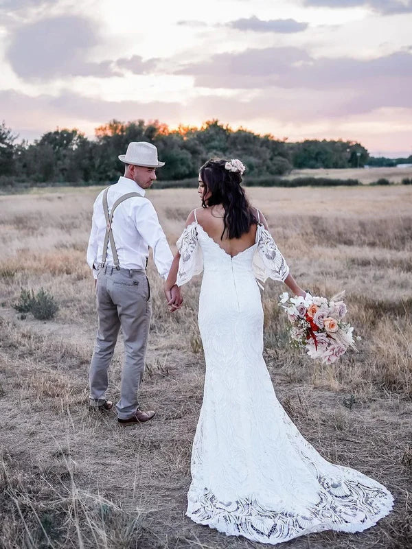 Luolandi Bohemia Lace Spaghetti Straps Chapel Train Mermaid Wedding Dress Sexy Elegant