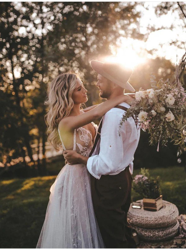 Luolandi Marvelous Backless V-neck A-line Wedding Dresses Appliques Tulle Bridal Gowns Sexy