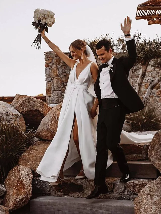 Luolandi A-Line Wedding Dresses V Neck Court Train Satin Sleeveless Simple Sexy with Sashes Ribbons