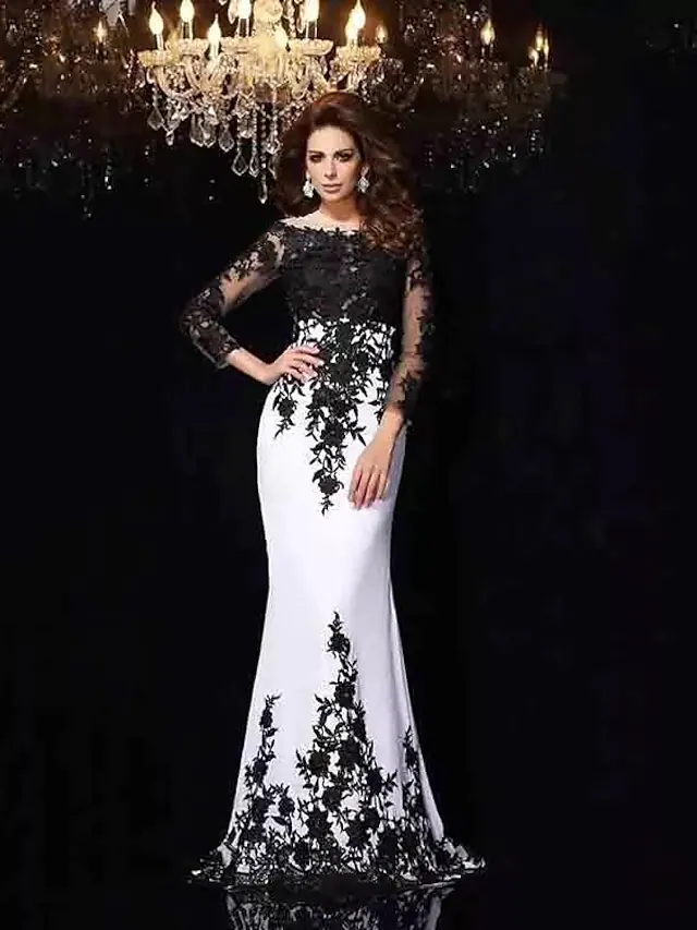 Luolandi Wedding Dresses Bateau Neck Lace Tulle Lace Over Satin Long Sleeve Sexy Black Illusion Sleeve
