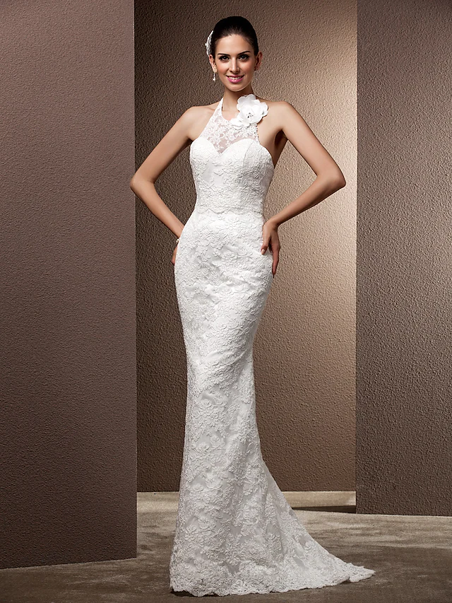 Luolandi Wedding Dresses Halter Neck Lace Regular Straps Open Back with Beading Flower