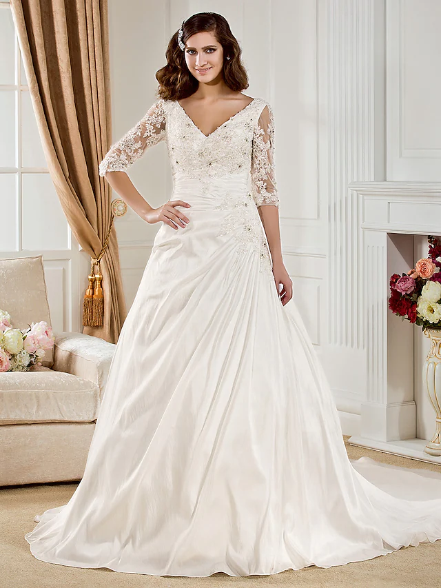 Luolandi Ball Gown Wedding Dresses V Neck Chapel Train Taffeta Half Sleeve See-Through with Ruched Beading