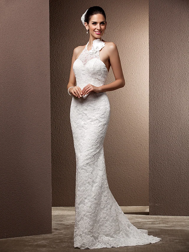 Luolandi Wedding Dresses Halter Neck Lace Regular Straps Open Back with Beading Flower