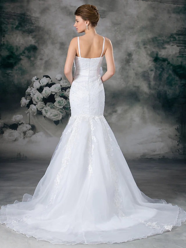 Luolandi Wedding Dresses Sweetheart Neckline Chapel Train Lace Organza Satin Spaghetti Strap with Sashes Ribbons Bow(s)