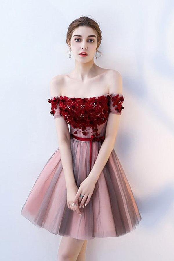 Luolandi A Line Strapless Off the Shoulder Red Flowers Short Tulle Lace up Homecoming Dresses