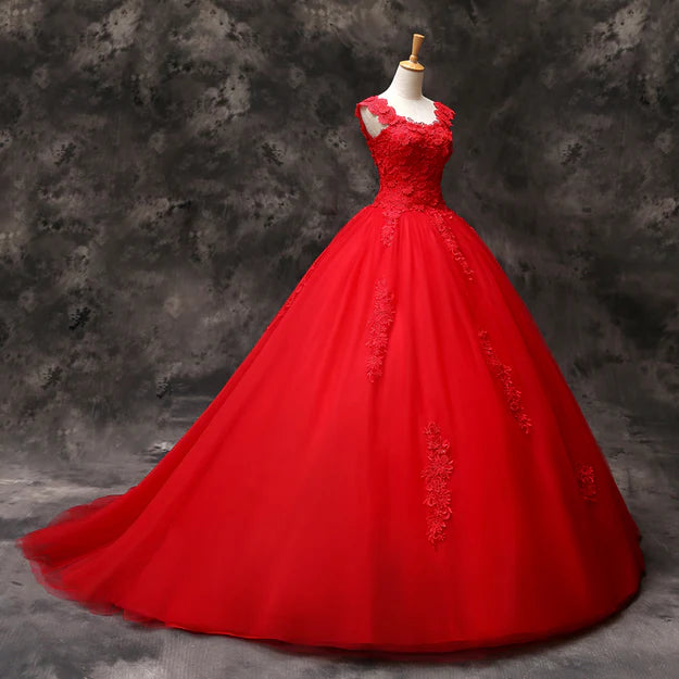 Luolandi Gorgeous Red Tulle Ball Gown Long Formal Dress with Lace Flowers Sweet 16 Dress Prom Dress