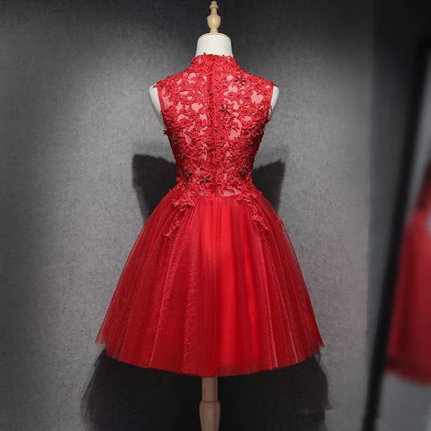 Luolandi Red Lace High Neckline Tulle Short Homecoming Dress Party Dress Formal Dress with Appliques