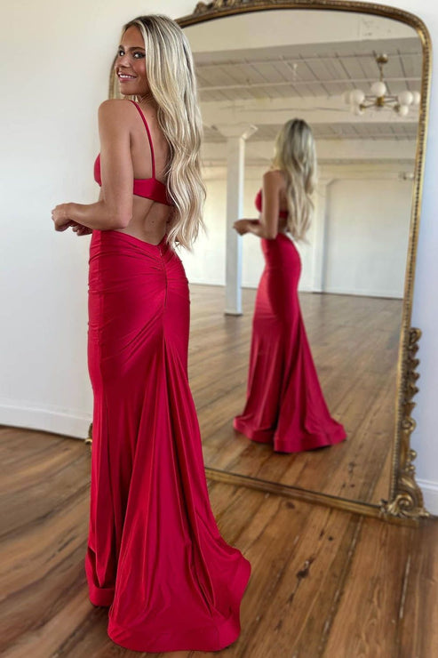 Luolandi Stylish Mermaid Spaghetti Straps Long Red Satin Prom Dress Sexy Evening Dress