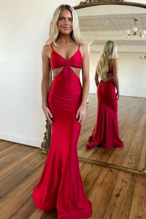Luolandi Stylish Mermaid Spaghetti Straps Long Red Satin Prom Dress Sexy Evening Dress