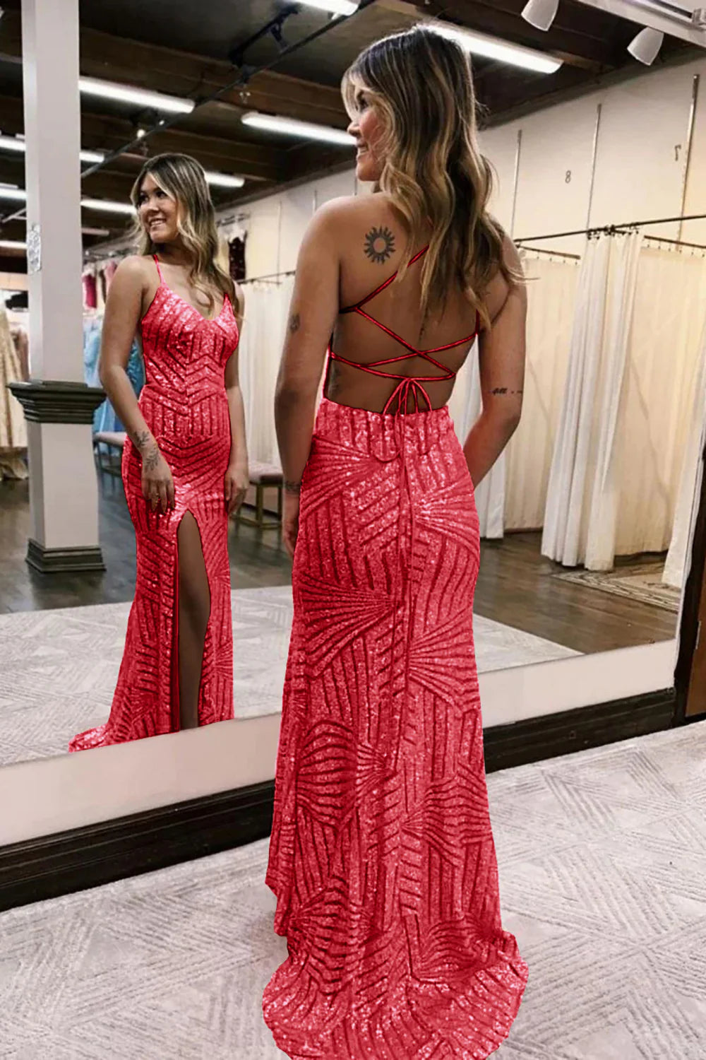 Luolandi Grey Blue Sequins V-Neck Spaghetti Straps Prom Dress With Slit Sparkly