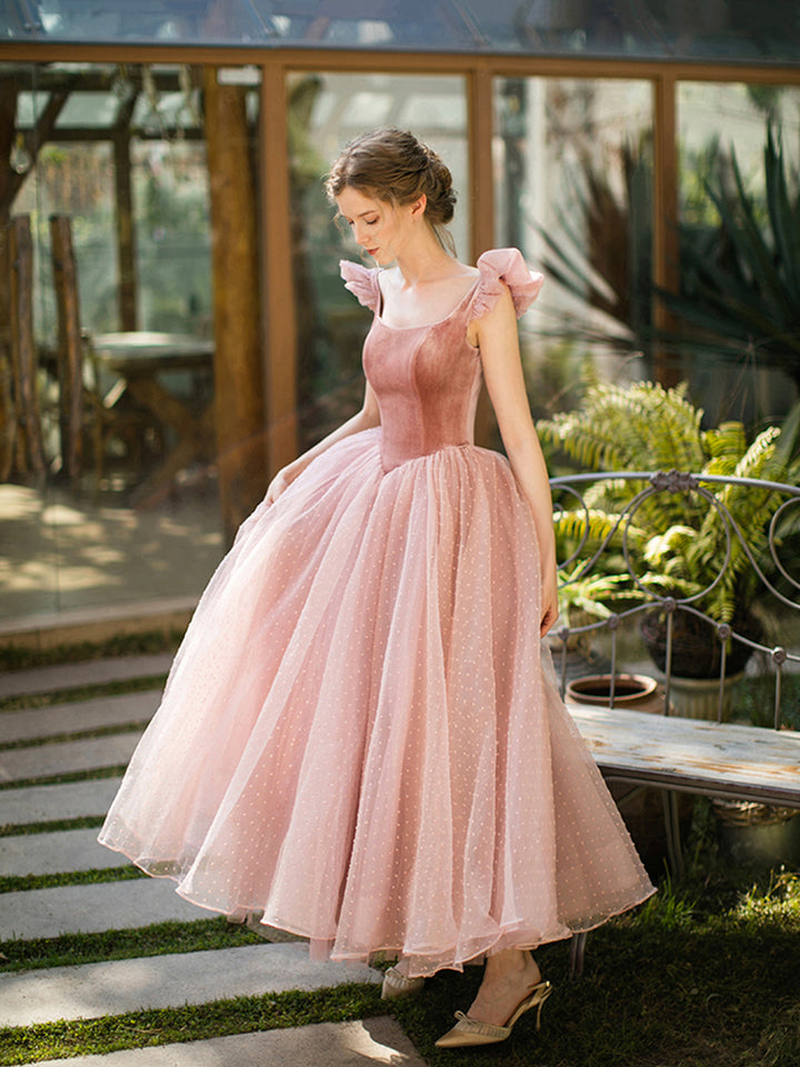 Luolandi Retro Velvet Tulle Prom Dresses A-Line U-Neck Short Sleeve Princess Party Dresses Beautiful Sweetheart Bridesmaid Dress