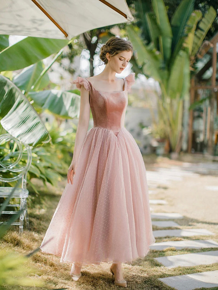 Luolandi Retro Velvet Tulle Prom Dresses A-Line U-Neck Short Sleeve Princess Party Dresses Beautiful Sweetheart Bridesmaid Dress