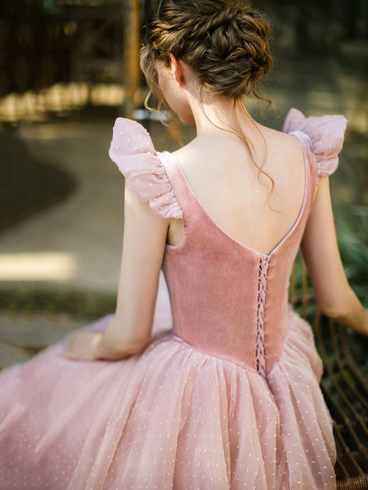 Luolandi Retro Velvet Tulle Prom Dresses A-Line U-Neck Short Sleeve Princess Party Dresses Beautiful Sweetheart Bridesmaid Dress