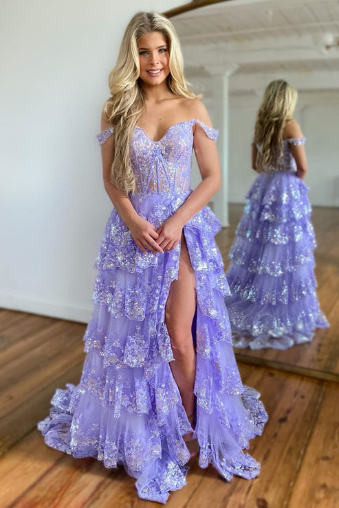 Luolandi Stunning Glitter A-Line Off The Shoulder Long Tiered Prom Dress With Split Beautiful
