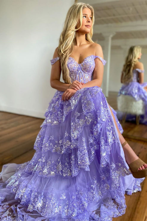 Luolandi Stunning Glitter A-Line Off The Shoulder Long Tiered Prom Dress With Split Beautiful