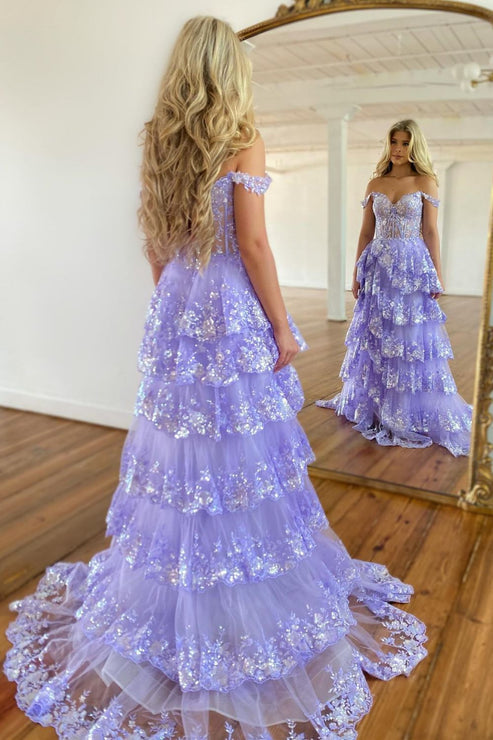 Luolandi Stunning Glitter A-Line Off The Shoulder Long Tiered Prom Dress With Split Beautiful