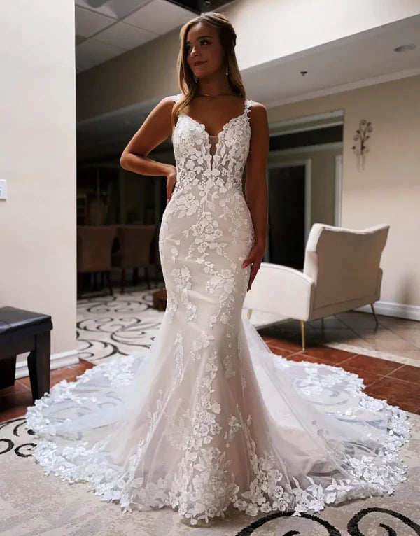 Luolandi Romantic Mermaid Chapel Train Wedding Dress With Appliques Beautiful