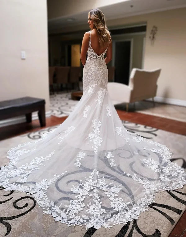 Luolandi Romantic Mermaid Chapel Train Wedding Dress With Appliques Beautiful