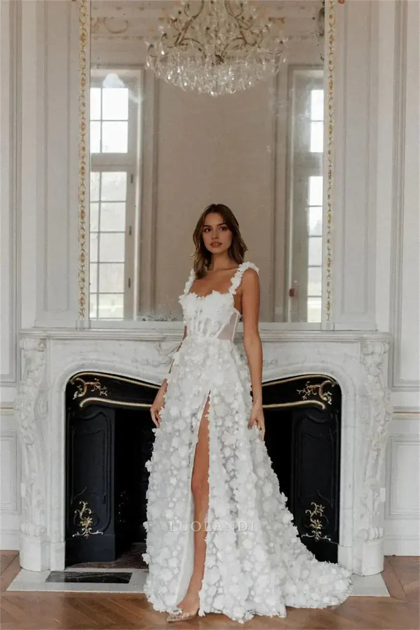 Luolandi Romantic A Line Sleeveless Long Wedding Dress With Slit Elegant Formal Prom Dress Charming Bridal Gown