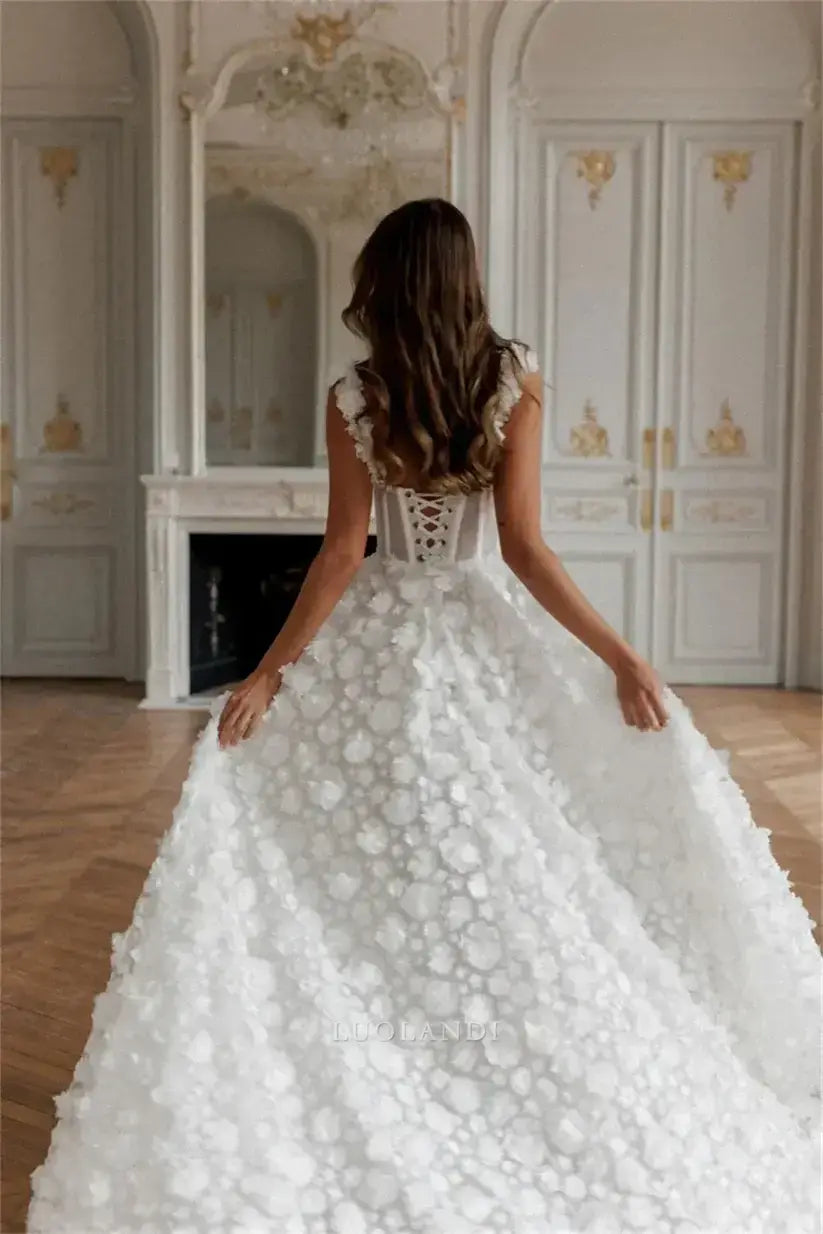 Luolandi Romantic A Line Sleeveless Long Wedding Dress With Slit Elegant Formal Prom Dress Charming Bridal Gown