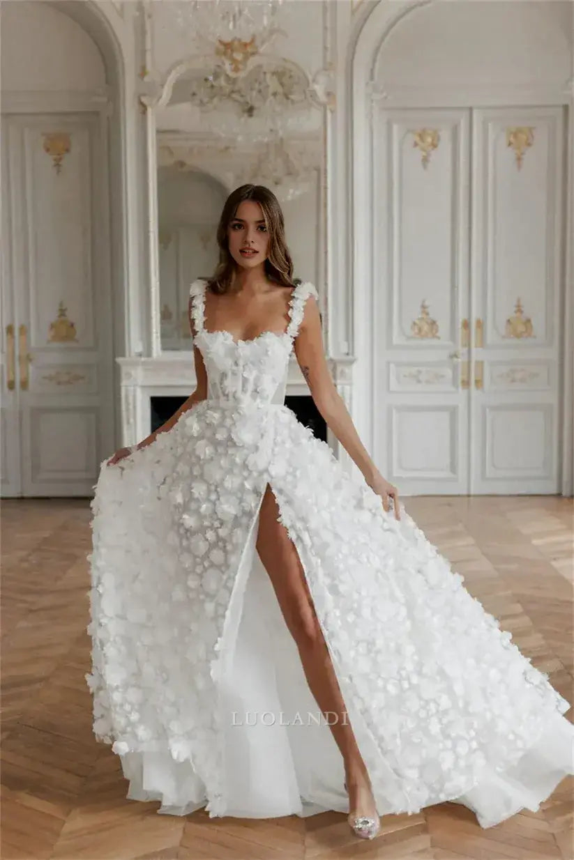 Luolandi Romantic A Line Sleeveless Long Wedding Dress With Slit Elegant Formal Prom Dress Charming Bridal Gown